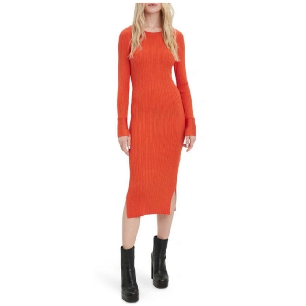 VERO MODA GLORY O-NECK LONG SLEEVE ORANGE RIBBED MIDI CALF LENGTH DRESS SIZE MED